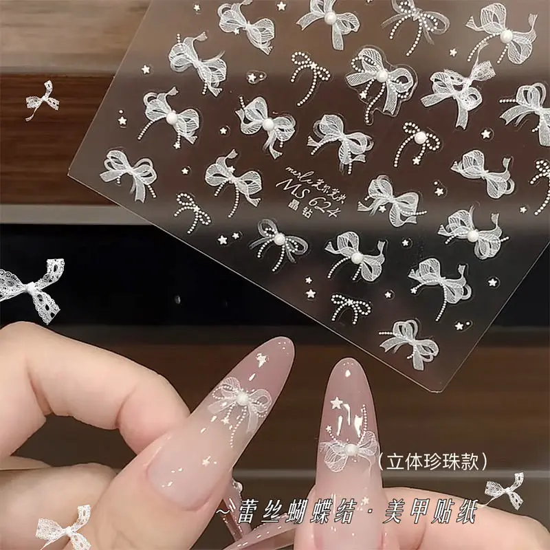5D жемчужное кружево белая лента бант наклейки для дизайна ногтей розовый белый