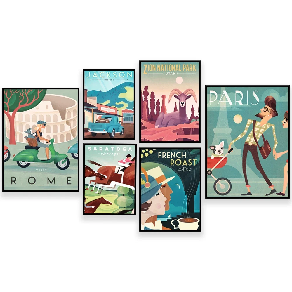 Wyoming Zion Badlands National Park bison Paris Rhode Island Saratoga France Rome camping coffee vintage travel poster