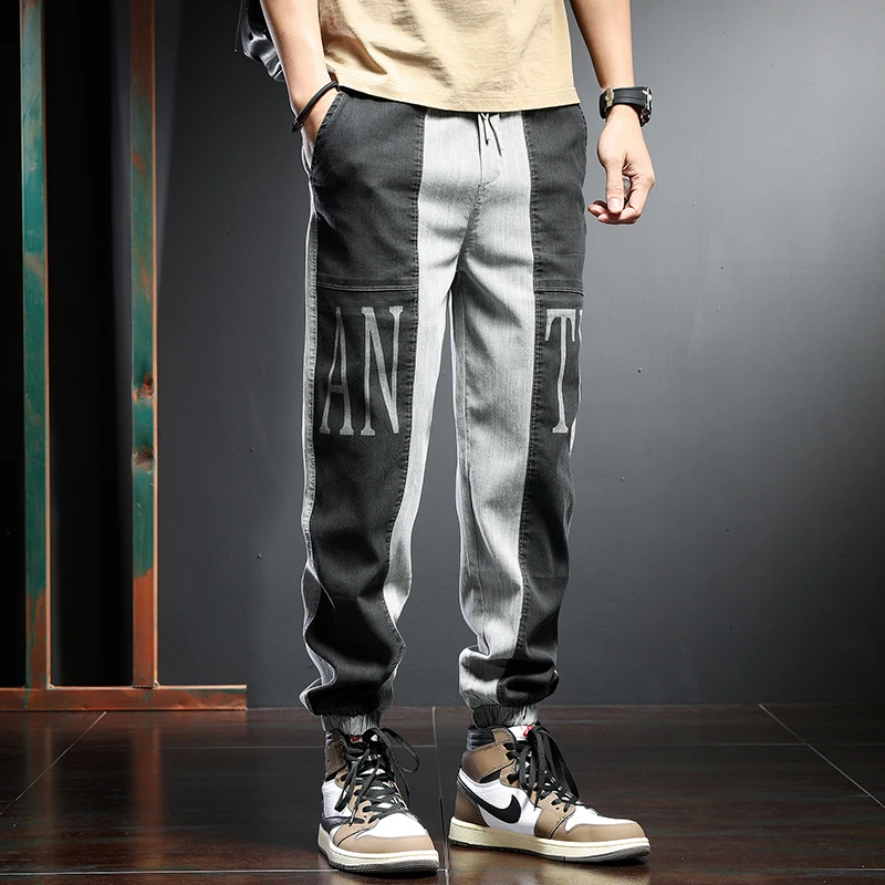 Summer Jeans Men Joggers Pencil Pants Streetwear Fashion Patchwork Gray Black Elastic Waist Drawstring Denim Trousers