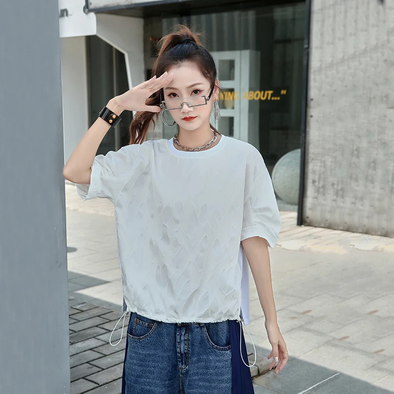 

220529 Irregular Casual T-shirt Loose Simplicity Women Top Solid Color Fold Splicing Drawstring Slit Hem Summer All-match