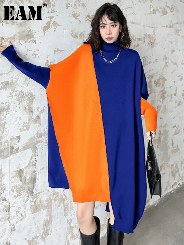 

[EAM] Большой размер Асимметричный длинный вязаный свитер водолазка с длинным рукавом женские пуловеры новая мода весна осень 2023 1DH1590