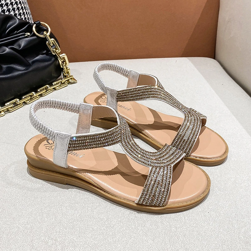 Summer Women Sandals Pvc Crystal Flower Decoration Chunky Heel Peep Toe Back Strap Elastic Band Elegant Fashion Shoes Ladies