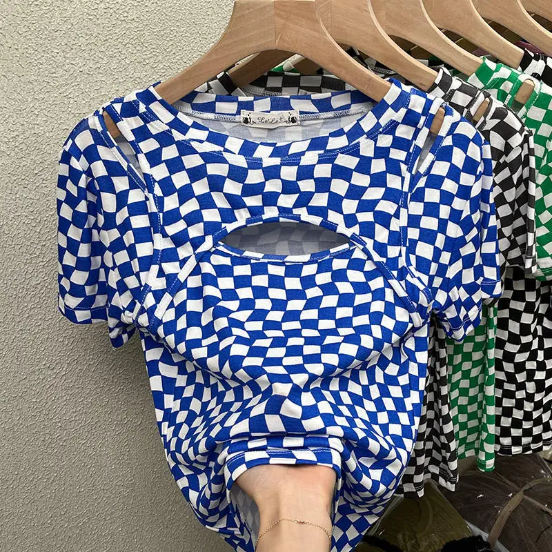 

Винтажный клетчатый укороченный топ с вырезами в американском стиле, сексуальные женские хлопковые футболки, уличная одежда в стиле панк и ...