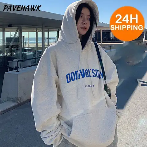 Women Y2K Hoodies Vintage Streetwear Letter Printing Hooded Sweatshirts Casual Loose Long Sleeve Pullover Female Hoodie Tops