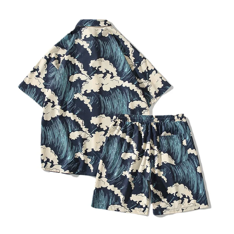 Men Hawaiian Shirt 2-piece HarajukuUkiyo-e The Great Wave Print Short Sleeve Beach Shirts Suit Summer Fashion Button Up Shirts