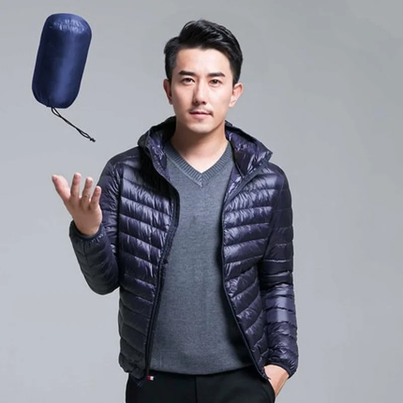 Men's Jacket 2021 Youth Standing Collar Outer Down Jacket Zipper Casual Hooded Quilted Jacket with High Content White Duck Down