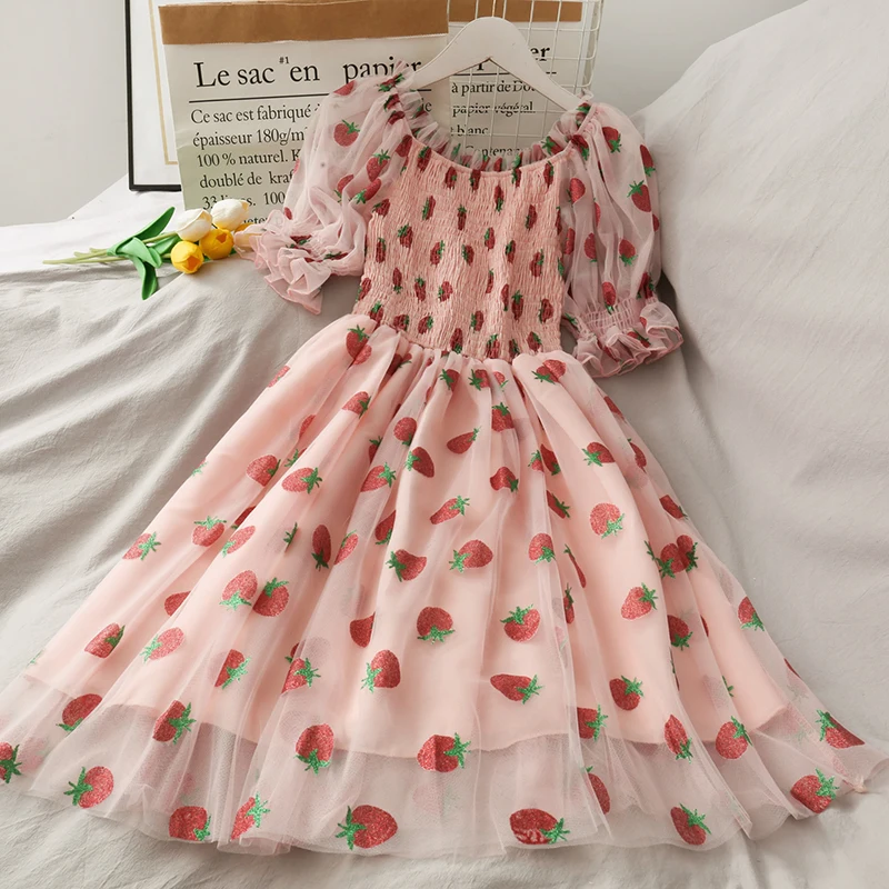 

Women Sequins Strawberry Dress Printed High Waist Mid-length Mesh Female Elegant Party Dress Puff Sleeve Princess Women Dress