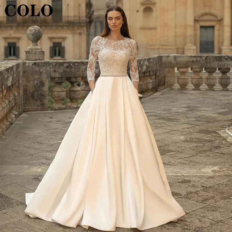 

wedding dress Illusion O Neck Wedding Dress Long Sleeve Open Back Trailing Appliqué Bridal Dress Pocket Satin VestidoDeNovi