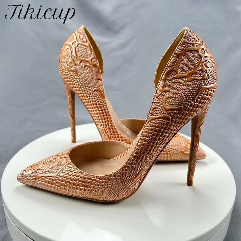 

Tikicup Nude Embossed Crocodile Effect Women Pointy Toe Slip On High Heel Shoes Sexy Ladies Dress Stiletto Pumps 12cm 10cm 8cm