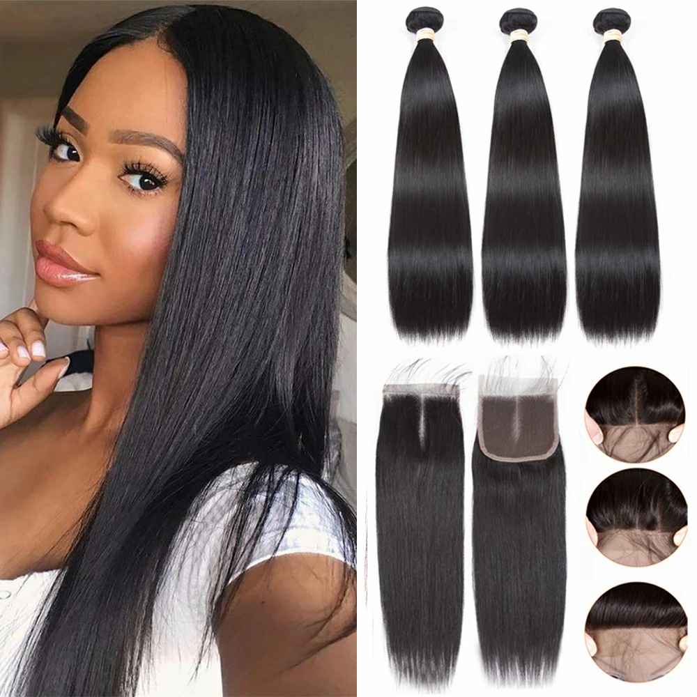 Luxediva Malaysian Straight Hair Bundles With 4x4 Closure Black Woman Remy Human Hair Natural Black Bundles With Lace Closure