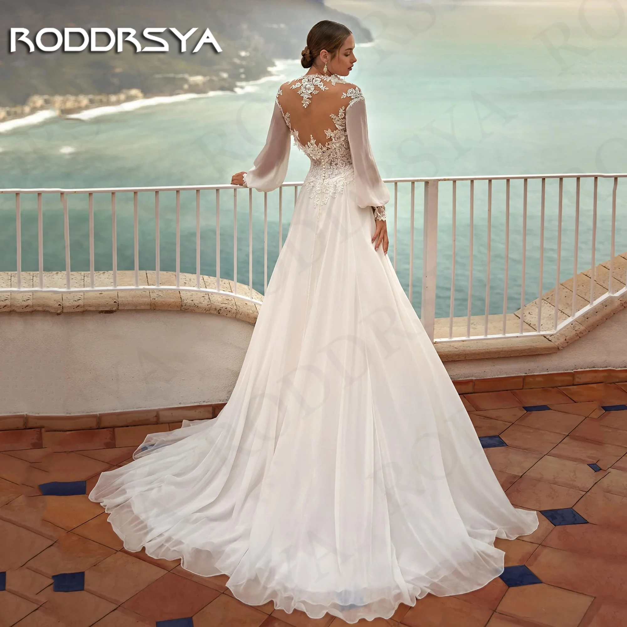 Фото Пляжные свадебные платья RODDRSYA с длинным рукавом для невесты, кружевное женское свадебное платье-трапеция с открытой спиной, шифоновое платье для невесты Пляжные свадебные платья с длинными рукавами для невесты  Кру №2