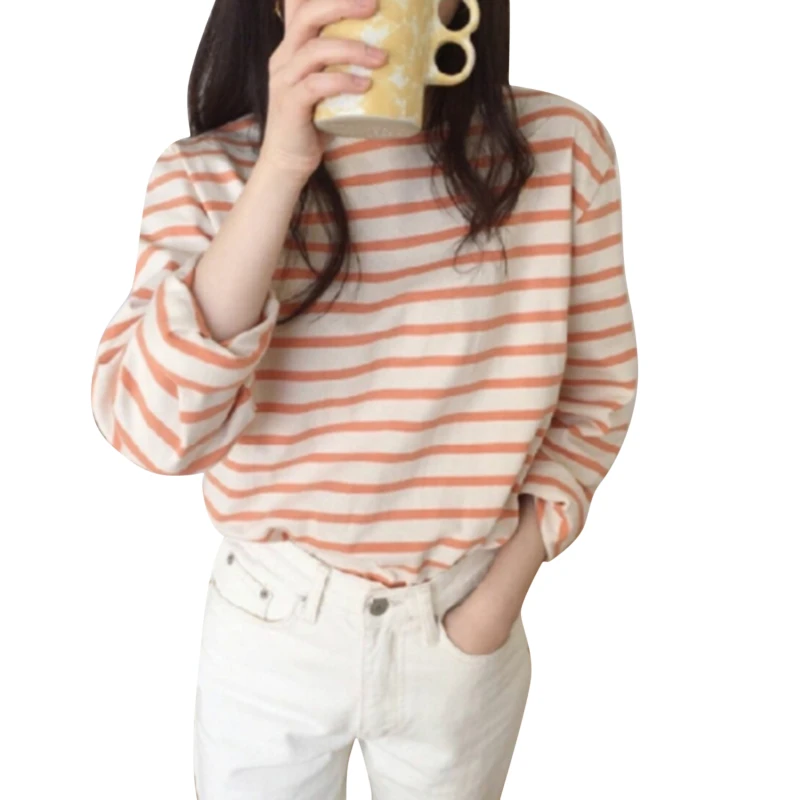 

Summer T Shirt Loose Striped Tshirt Women Autumn Long Sleeves O-neck Korean All-match Basic Woman Top Femme Tee T-shirts