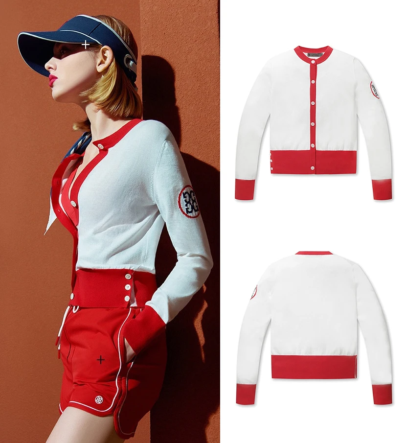Golf Shirts Women's Fashion Knitted Cardigan White/Red Contrast Color Button Cardigan Outdoor Sports Knitwea Long Sleeves