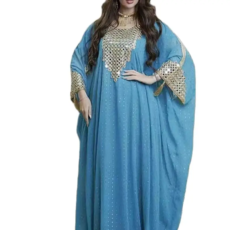 

Muslim Abaya Chiffon Sequins Panel O Neck Batwing Sleeve Oversized Gown Dresses Dubai Turkey Arab Morocco Caftan 6XL 7X