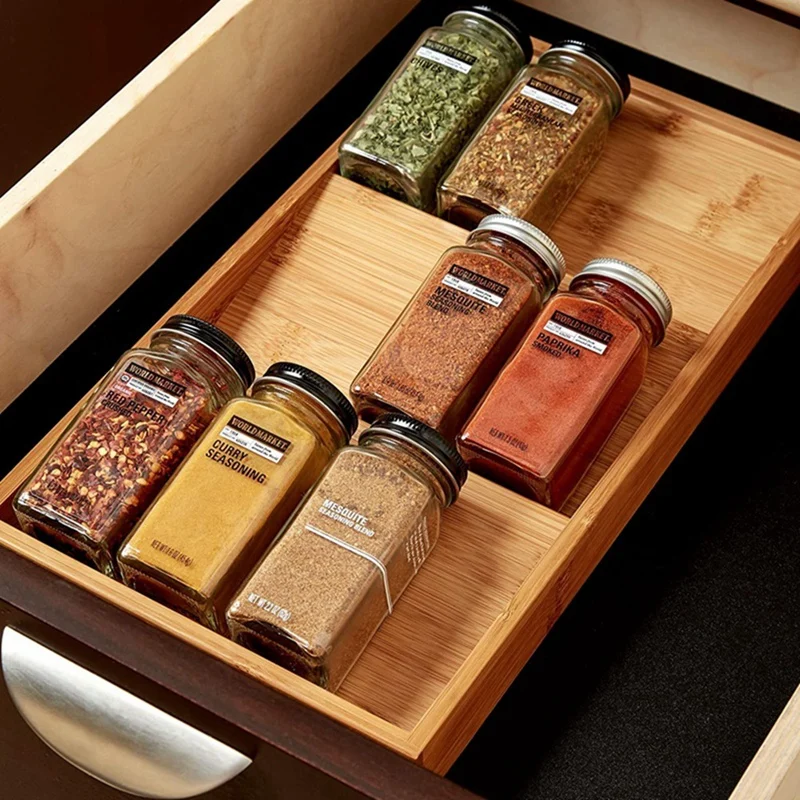Spice Rack Organizer 3-Tier Bamboo Seasoning Drawer Tray Kitchen Supplies Drawer Style Storage Holder