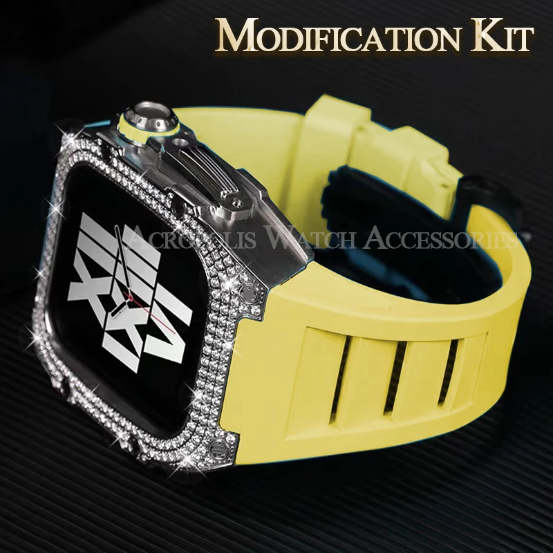 Stainless Steel Case for Apple Watch 7 45mm 44mm Fluororubber Strap Luxury Diamond Bezel Modification Kit for IWatch 6 5 4 SE