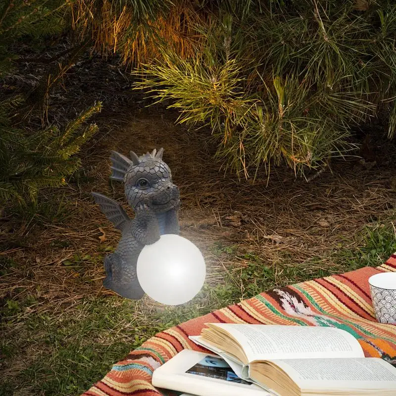 Garden Dragon Statue Resin Dinosaur Outdoor Sculptures Cute Figurines with Solar LED Lights for Home Decor Patio Lawn Yard