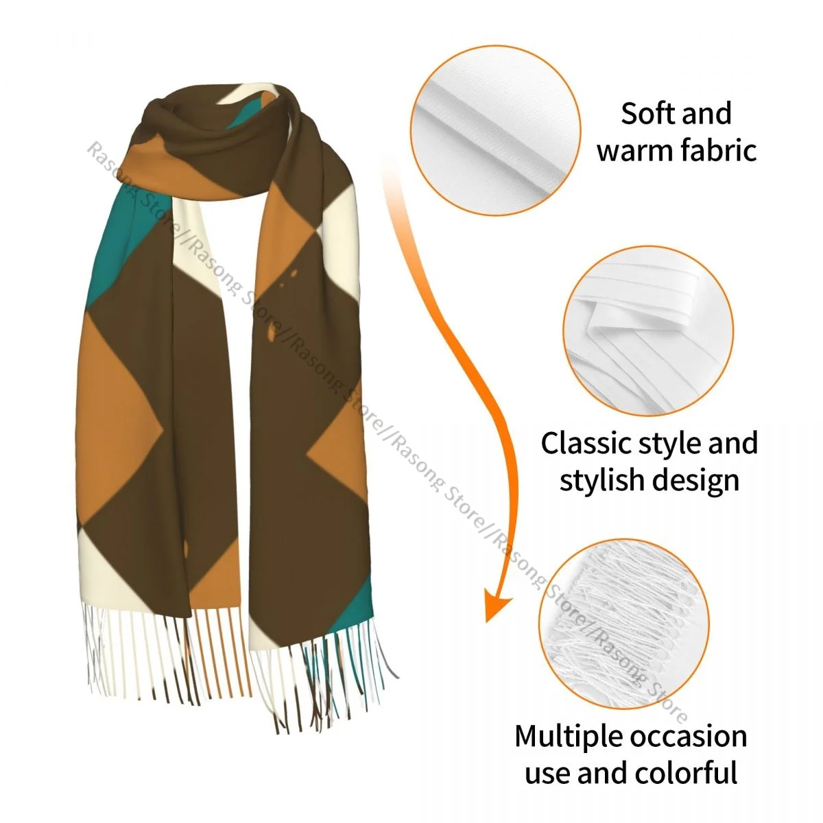 Шарф с кисточками большой размер 196*68 см зимняя теплая шаль из пашмины накидка