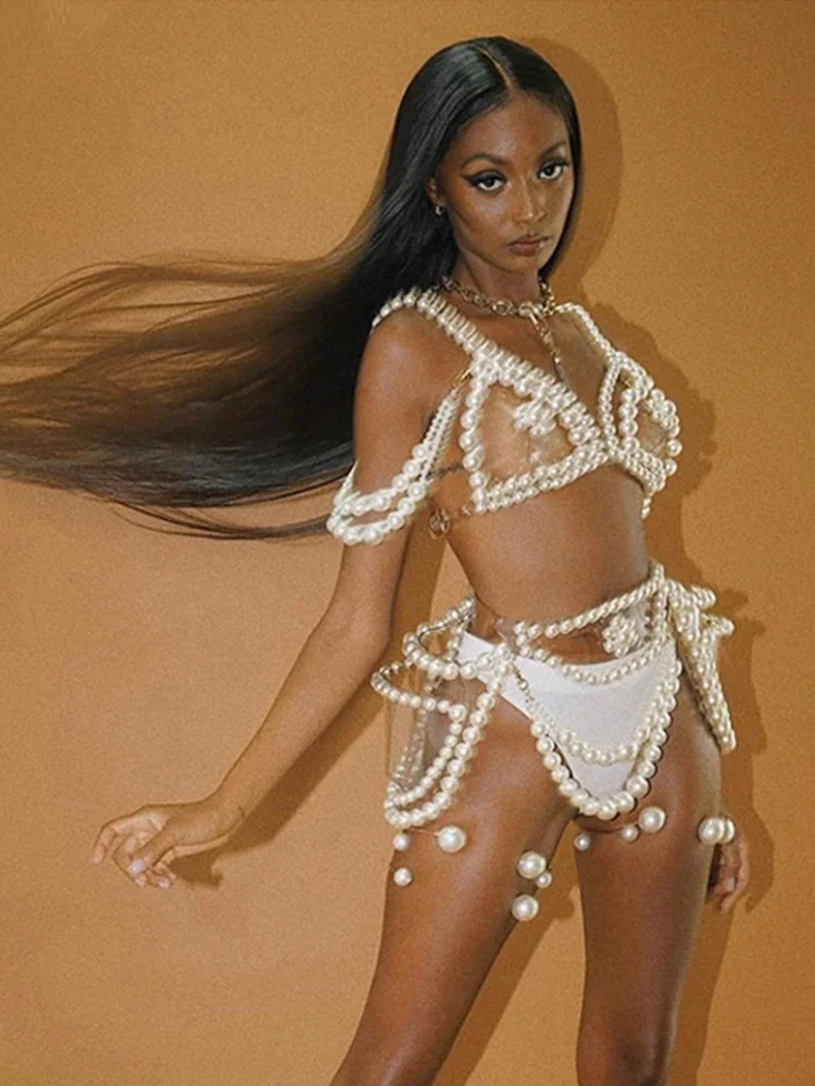 Сексуальный костюм бикини с жемчугом женский для ночного клуба танцев на пилоне