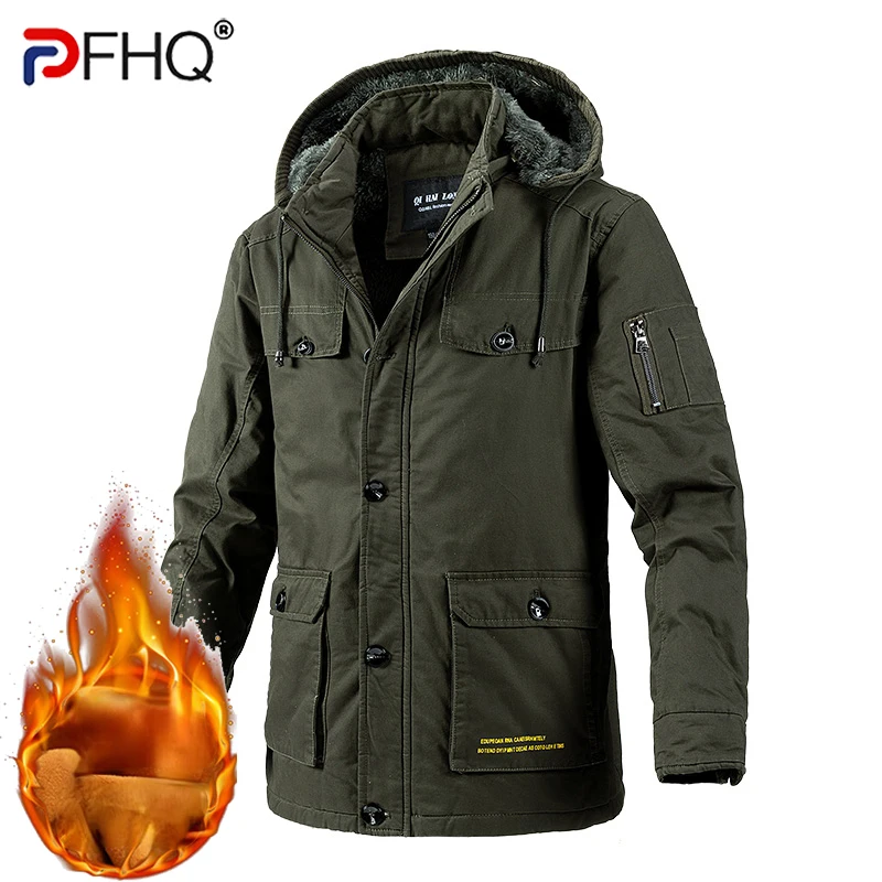PFHQ 2023 Winter Man Casual Brushed Liner Collar Thicken Warm Hooded Parka Trendy Windproof Outdoor Jackets Elegant Clothes Coat