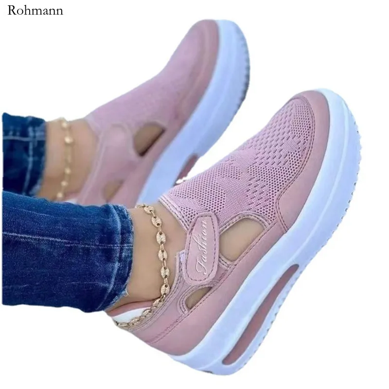 Вязаные дышащие повседневные туфли на танкетке с вырезами липучке и круглым