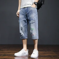 summer new mens cotton ripped denim pants casual shorts male hole calf length jeans youth streetwear straight retro trousers