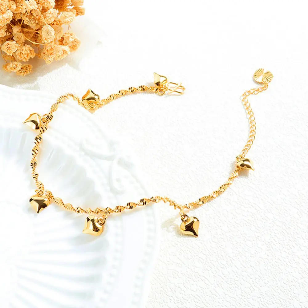 Womens Anklet Gold Filled Solid Beach Foot Chain Link with Heart Design For Lady Classic Style Sexy Jewelry 25cm Long images - 6
