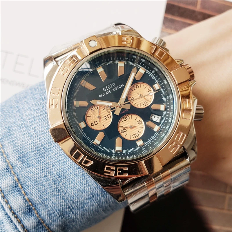 

Mens Quartz Chronograph Watch Rose Gold Black Blue Leather