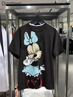 summer casual all match cartoon mouse print distressed short sleeved t shirt womens round neck short sleeved loose gray t shirt