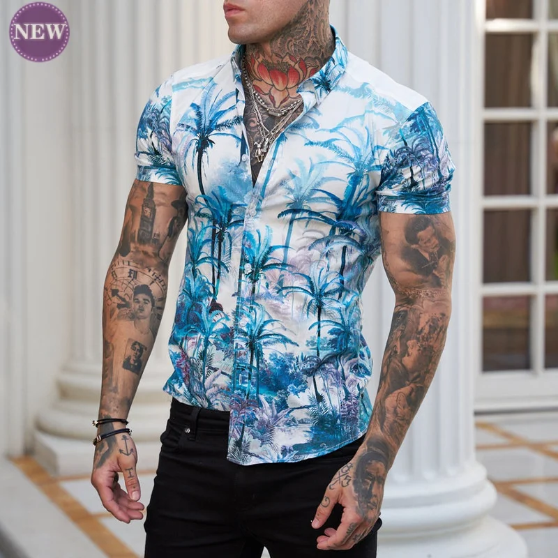 

New Printed Men's Summer Casual Vacation Style Lapel Short Sleeve Printed Slim Shirt