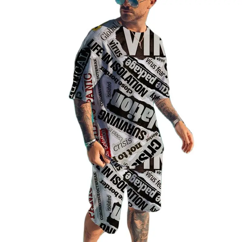 

2023 Summer New Men Fashion Trend 3D Pattern Printed Breathable Comfortable Round Neck Short Sleeve Clothing T-Shirt Shorts Sets