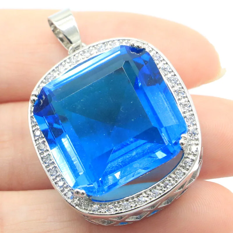

40x27mm Gorgeous Big Gemstone 22mm Square Swiss Blue Topaz Bride Wedding Silver Pendant