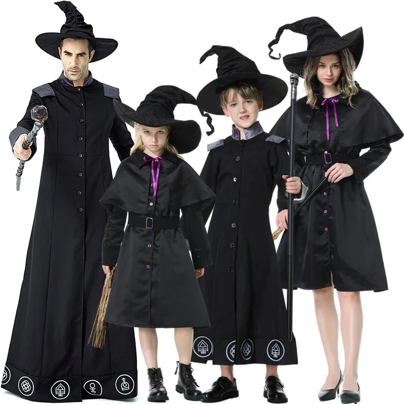 

Adult Kids Witch Parent-child Wizard Robe Stage Women Men Dress Cloak Hat Set Halloween Role Play Dress Up Cosplay Costume