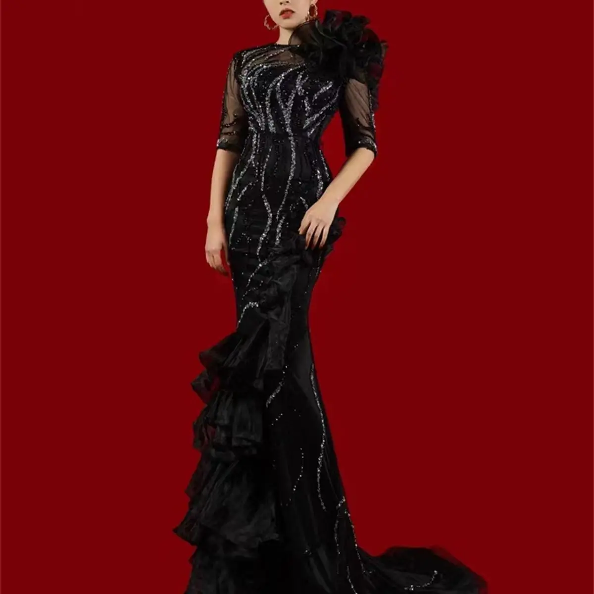 

Женское вечернее платье знаменитости, элегантное платье знаменитости с круглым вырезом, украшенное бисером и перьями, 2023