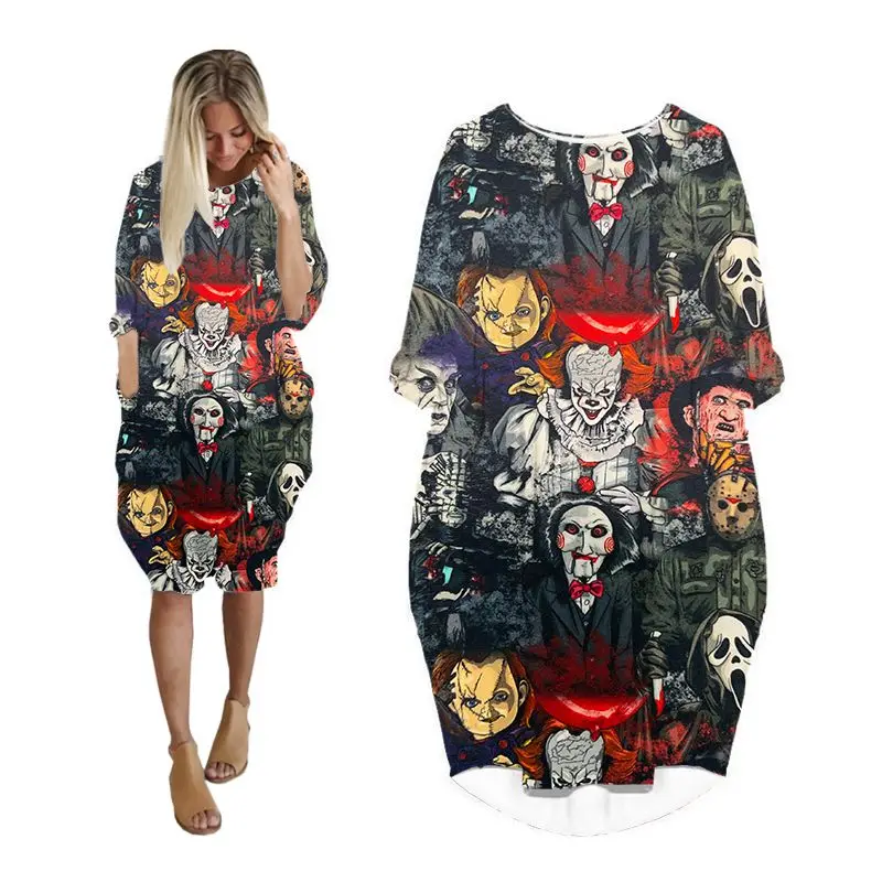 

Карманные платья для женщин, уличная одежда с ужасным принтом, модная повседневная женская одежда с длинным рукавом, одежда больших размеров, платье на Хэллоуин