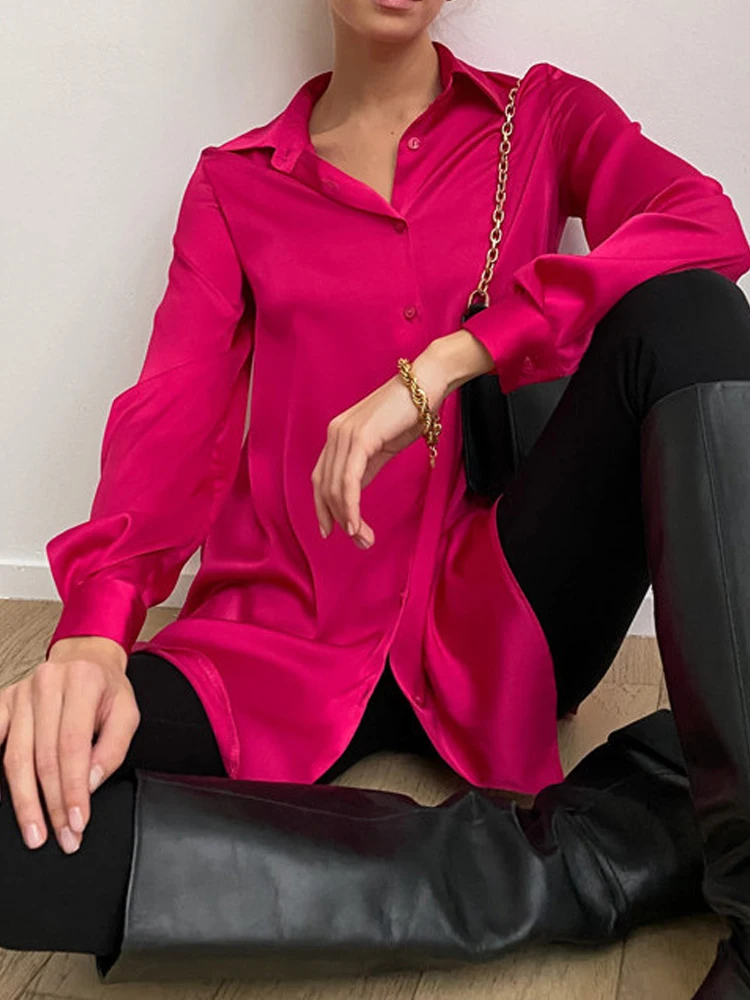 

Женская Офисная рубашка на пуговицах, повседневная однотонная атласная блузка с длинным рукавом и отложным воротником, весна-лето 2022