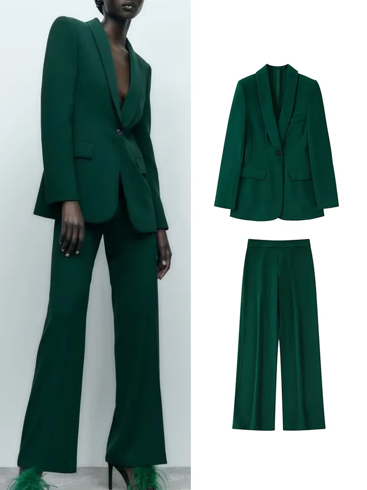 TRAF 2022 Autumn Winter Ladies Blazer Suit 2Pcs Office Outfits Solid Jacket+Wide Leg Trousers Basic Zipper Long Pant