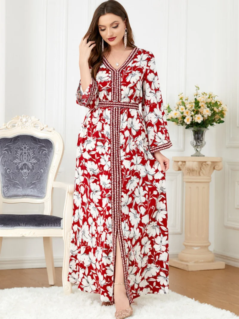 Abaya Dubai Ramadan Fashion V-Neck Print Belted Kaftan Split Hem Long Dresses Islamic Groups Muslim Women Clothing