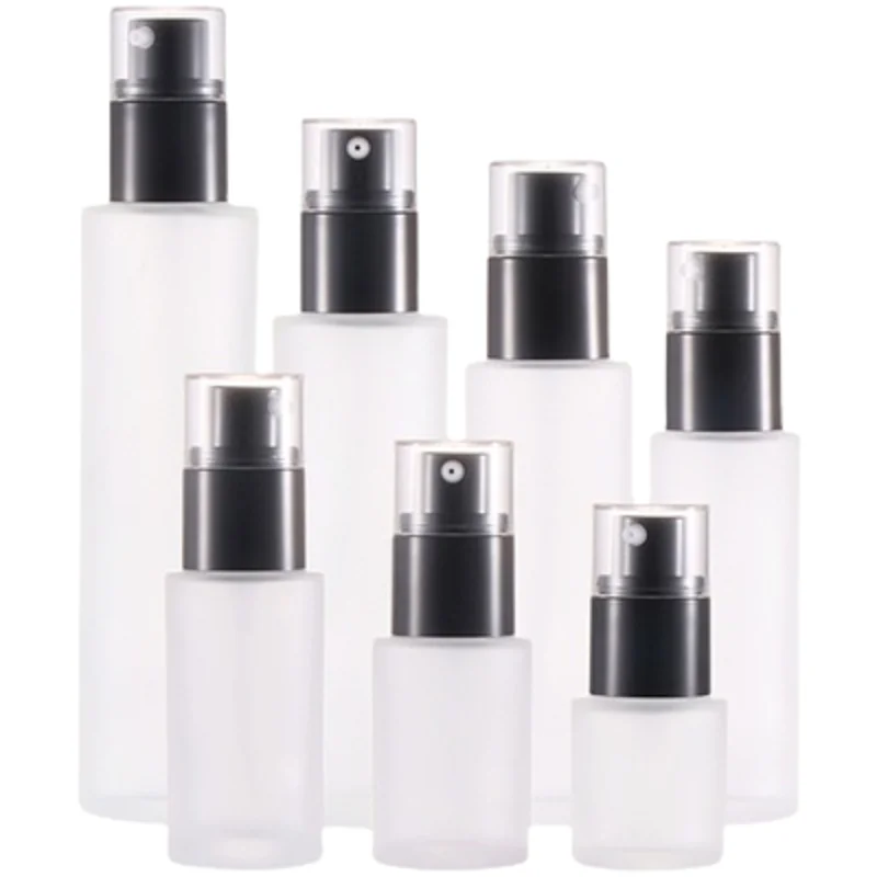 

Glass Bottle Empty Frosted Black Lotion Pump Clear Cover 1oz 20ml30ml40ml60ml80ml100ml 120ml Cosmetic Refillable Bottles 10Pcs