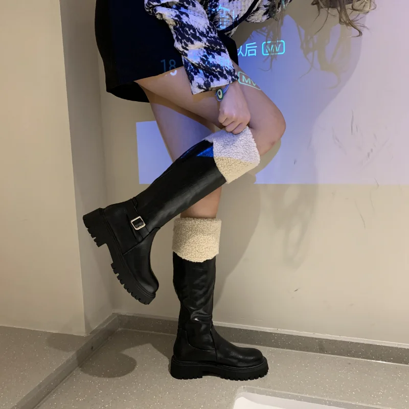 Women's Knee-high Boots Stylish Back Zipper Midheel Platform Shoes 2023 New Winter Cashmere Warm Boots PU Women's High Boots