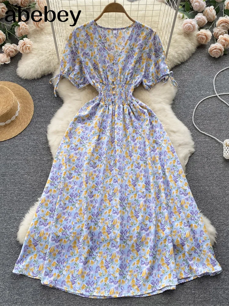 

New Summer Print Floral Dress Women V Neck Chiffon Bohemian Dresses Beach Irregular Female Wrap Midi Long Dress 2022