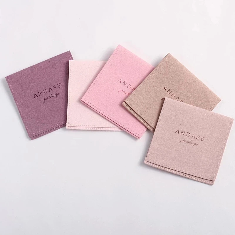 100pcs Flap Envelope Pouch 8x8 9x9 10x10cm Custom Logo Pink Microfiber Suedette Pouches Jewelries Packaging Small Bags Ring