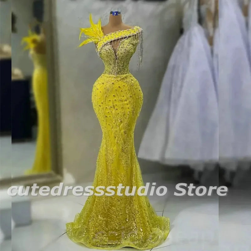 Роскошные Желтые Вечерние платья на одно плечо блестящие русалки для выпускного