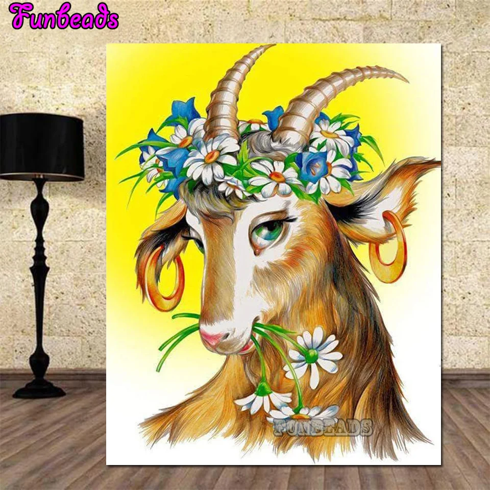 NEW 5D Full Diy Diamond Painting Kits Goat With Flowers 3D Cross Stitch Diamond Art Embroidery Mosaic Crafts Home Decor TT6774