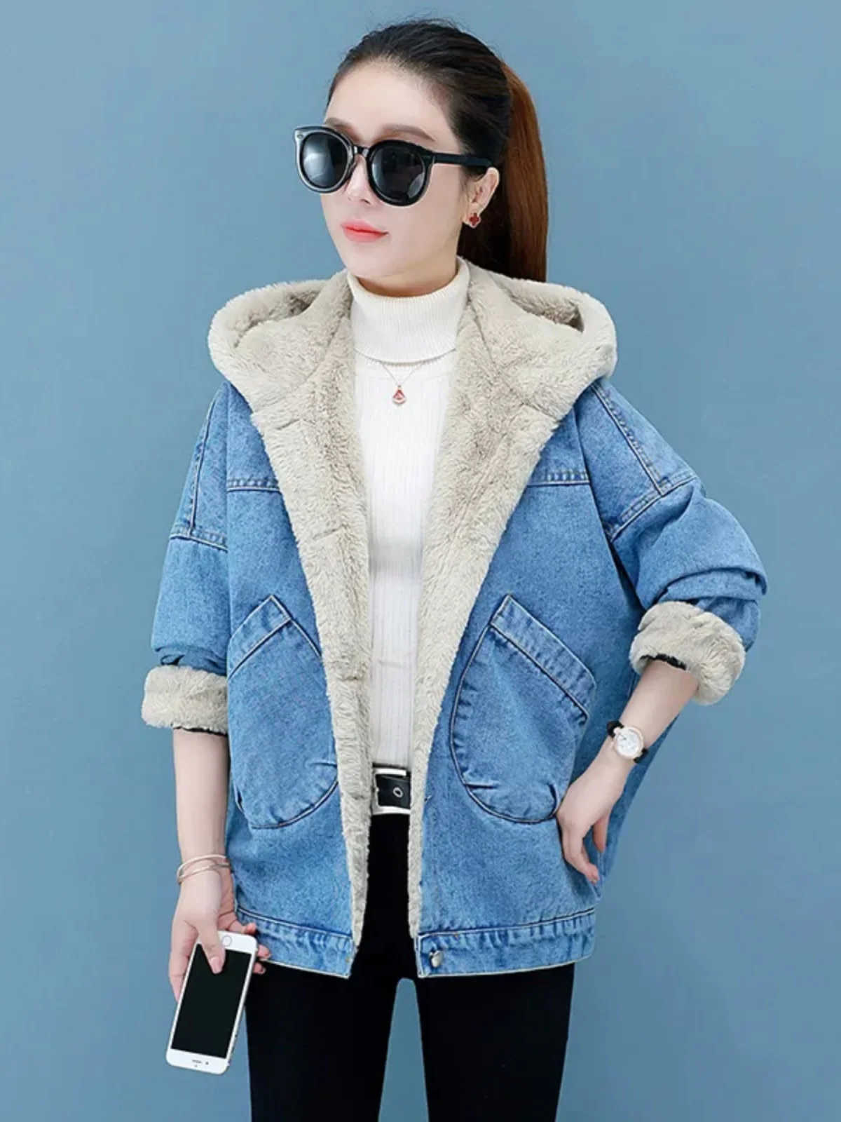 Fleece-lined Thickened Hood Denim coat Women Autumn and Winter 2024 New Loose Denim Clothing Women clothes Jacket Cotton-Padd...