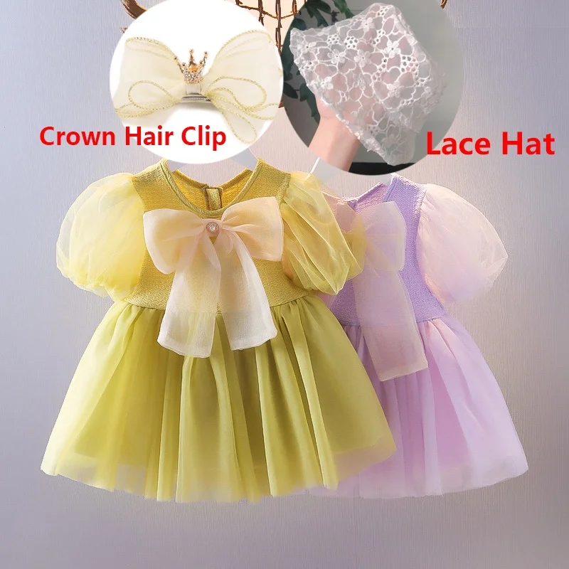 Tutu Dress Baby Girl Summer Puff Sleeve Fairy  Fashion Princess  for   1 2 Years Old Children Holiday Lace Hat