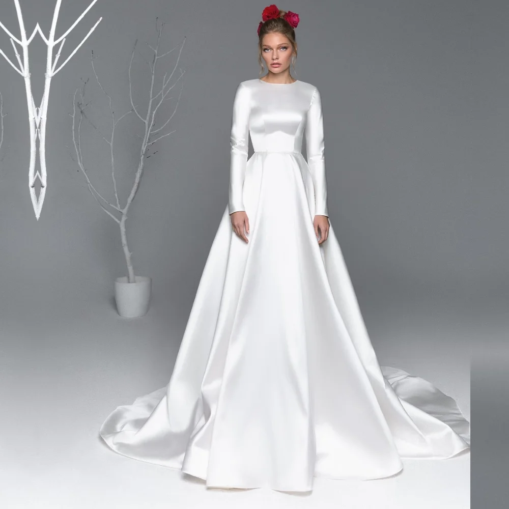 

5 Qcenkeren Wedding Dress Scoop Neckline Full Sleeve Long Floor Length Chapel Train Bridal Gown Satin A Line