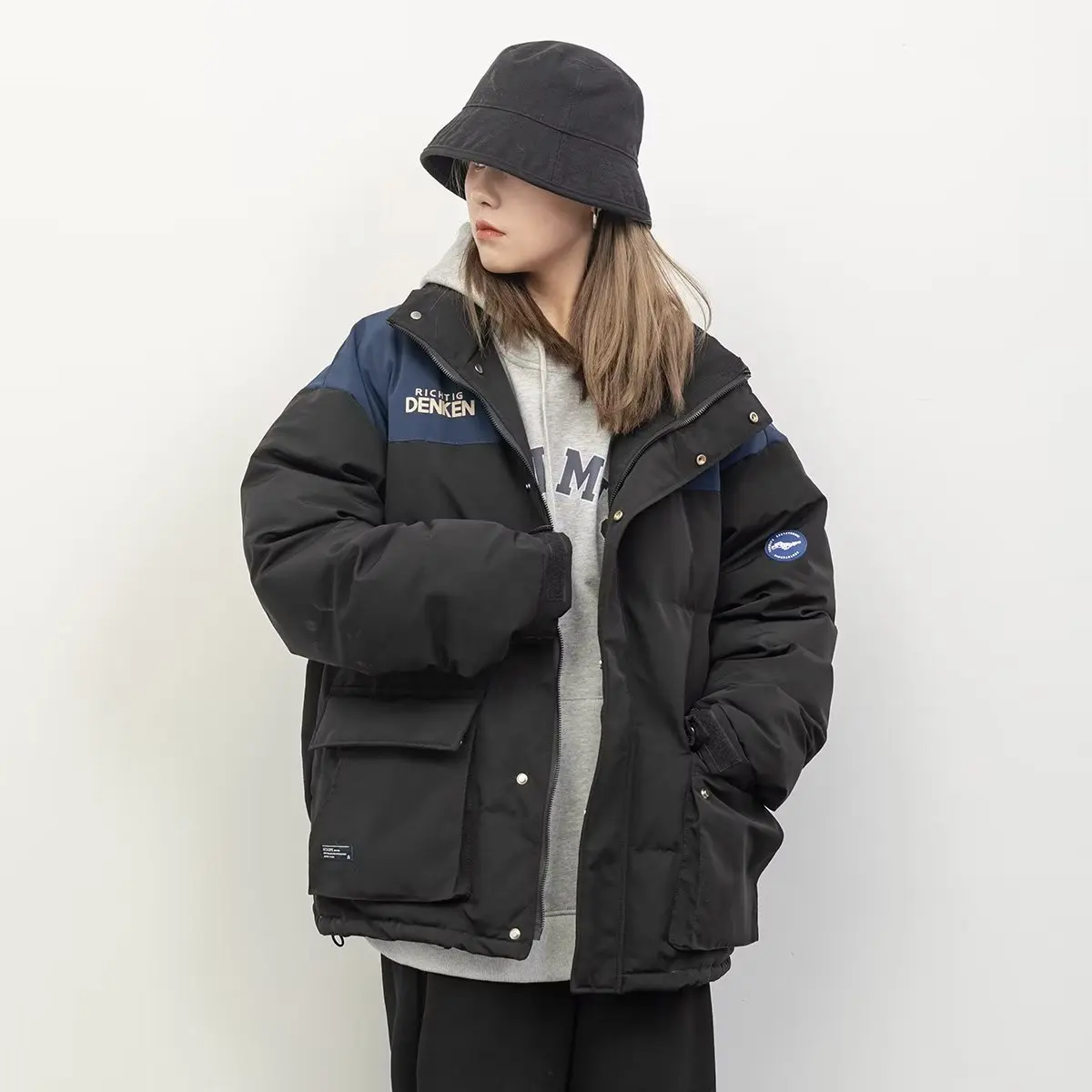 Winter Cotton Padded Clothes Loose Coat High Collar Zipper Cargo Letter Print Patchwork Harajuku Woman Casual Streetwear
