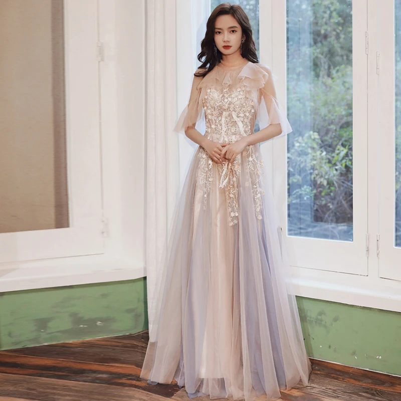 

High Neck Fashion Appliques Evening Dress Tulle Empire Pleat Short Sleeves Floor-Length A-Line Woman Formal Party Gowns A1143