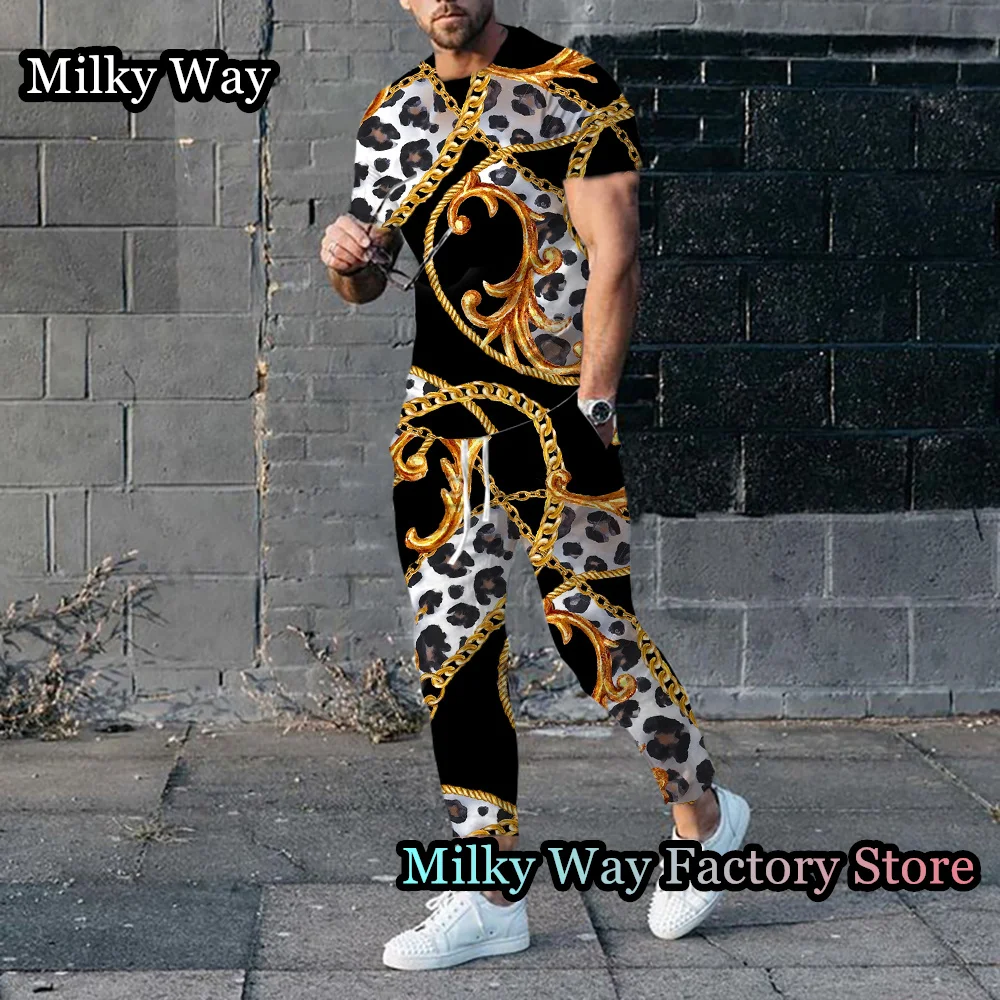 Men Luxury Chain T-Shirt Trousers Set Summer Tracksuit Male Fashion Outfit 2 Pieces Casual Streetwear Suit Vintage Clothing